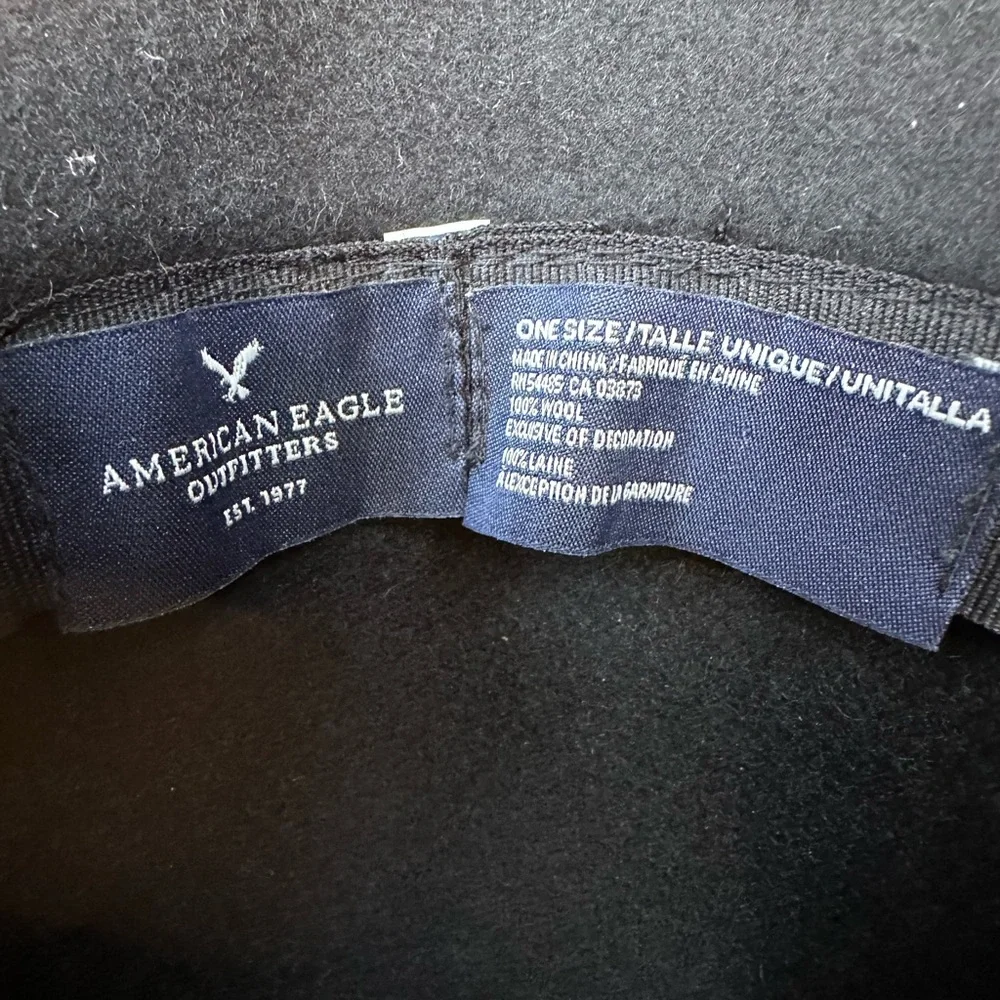 American Eagle Women’s Boho Wide Brim Floppy Hat Black 100% Wool Feather Trim
